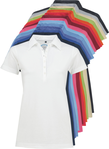 Zu sehen sind taillierte bioaktive Damen Poloshirts kurzarm von der Marke Bioactive in vielen verschiedenen Farben.
